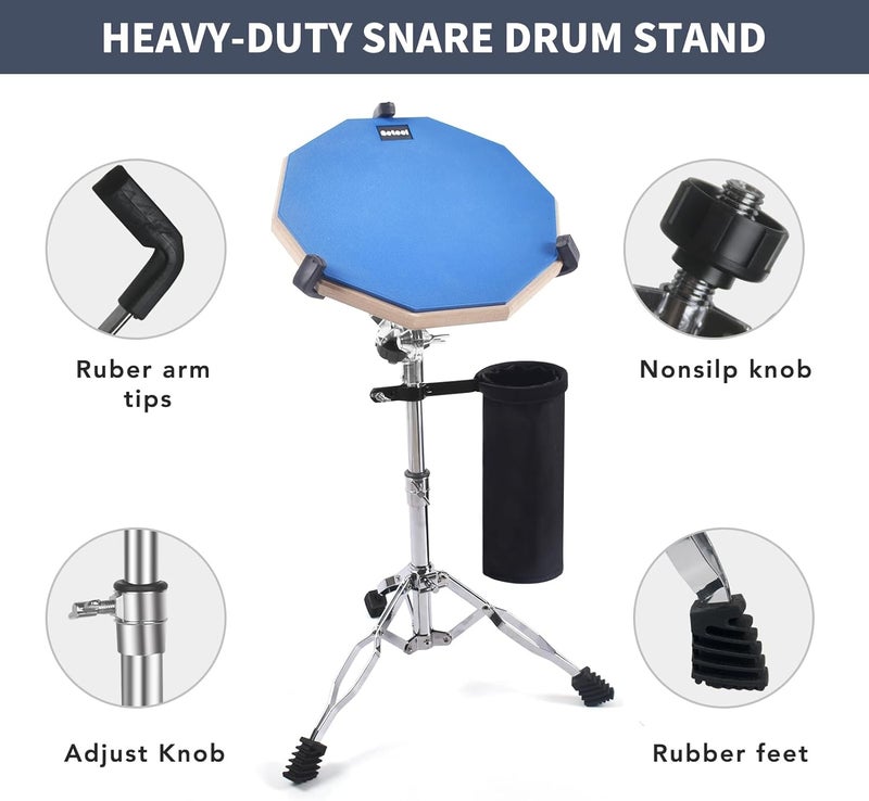 Seteol Drum Practice Pad Set, 12 Inch Double Sided Silent Drum Pad with Storage Bag + Adjustable Snare Drum Stand with Carry Bag + 2 Pair Drum Sticks with Drumstick Holder, Fits 10"-14" Drums (Blue) - Image 5